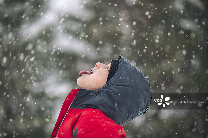 侧面的男孩伸出舌头接雪花图片素材
