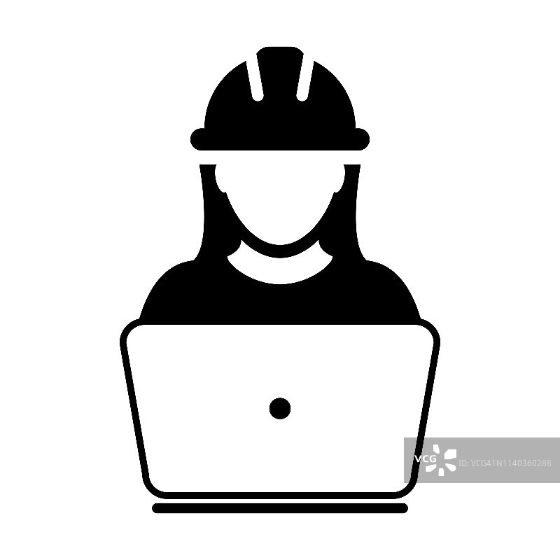 建筑工人图标矢量女性服务人员配置文件头像与笔记本电脑和安全帽的象形文字图片素材