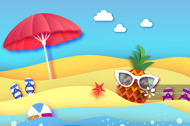 菠萝。剪纸风格的安纳。折纸健康食品。度假和旅行的概念。夏天的时间。红色的伞。图片素材