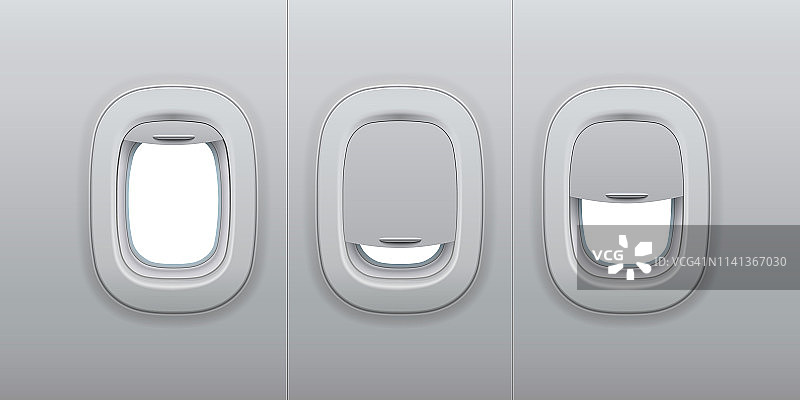 飞机的窗户。飞机室内舷窗，飞机内窗和机身玻璃舷窗三维矢量插图图片素材