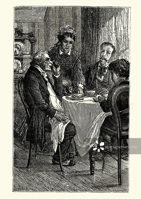 19世纪的维多利亚时代，为来访者提供下午茶的妇女图片素材