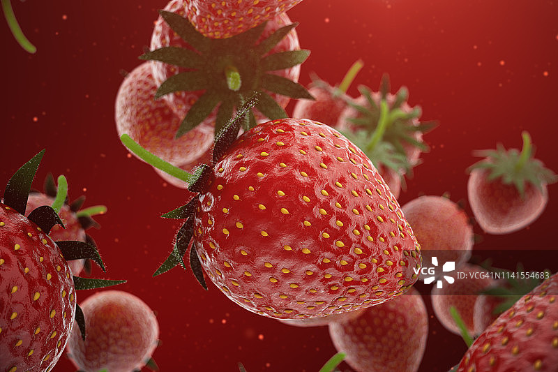 3 d演示草莓。鲜嫩的草莓，红色背景下的绿叶。甜的水果。健康生活方式和营养的概念。你的网站的背景，布局，模板，文本。图片素材