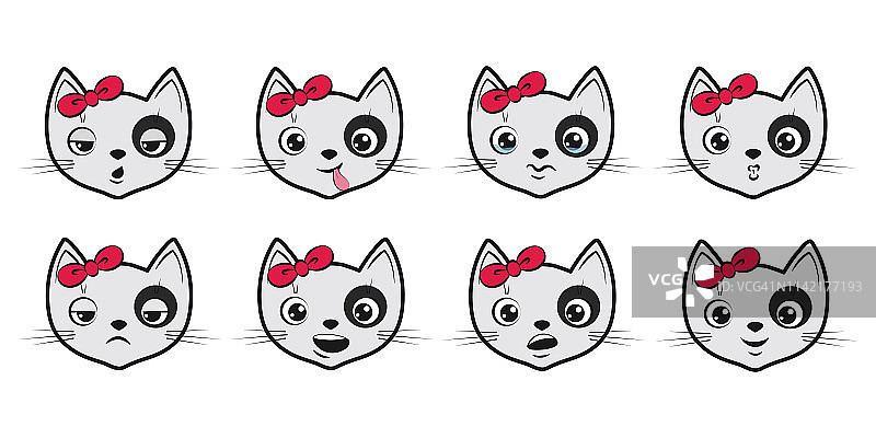 一套有趣的黑白猫与红色的蝴蝶结在白色的背景。矢量插图卡通风格图片素材