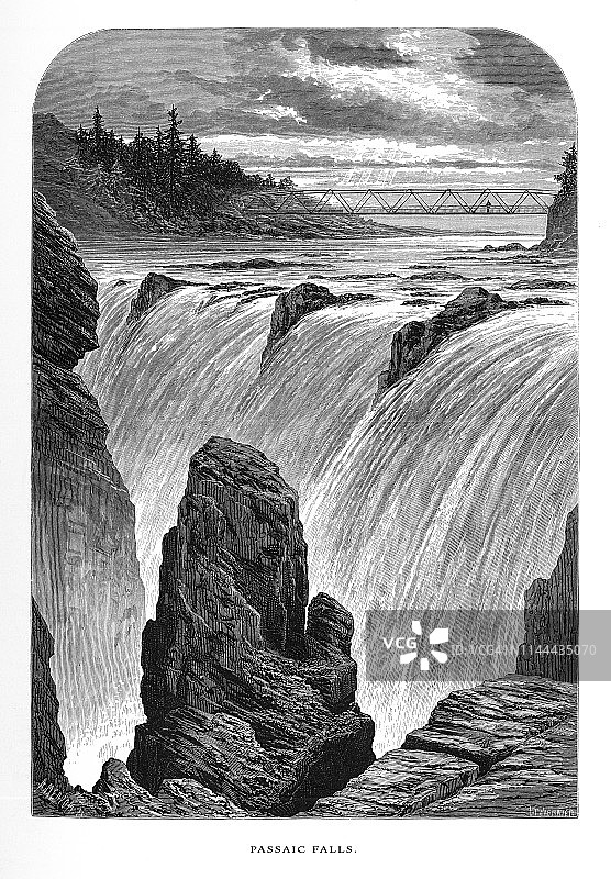 美国新泽西州Passiac河瀑布，美国维多利亚版画，1872年图片素材