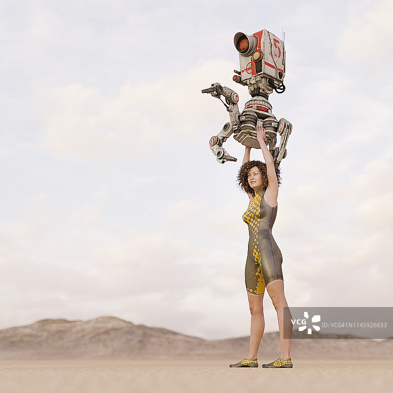 未来的女孩在沙漠景观把机器人举过头顶看得更远图片素材
