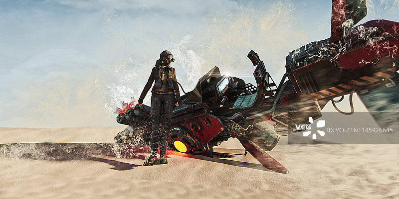 未来主义的女人在沙漠看着坠毁的悬浮自行车与烟雾和火焰图片素材