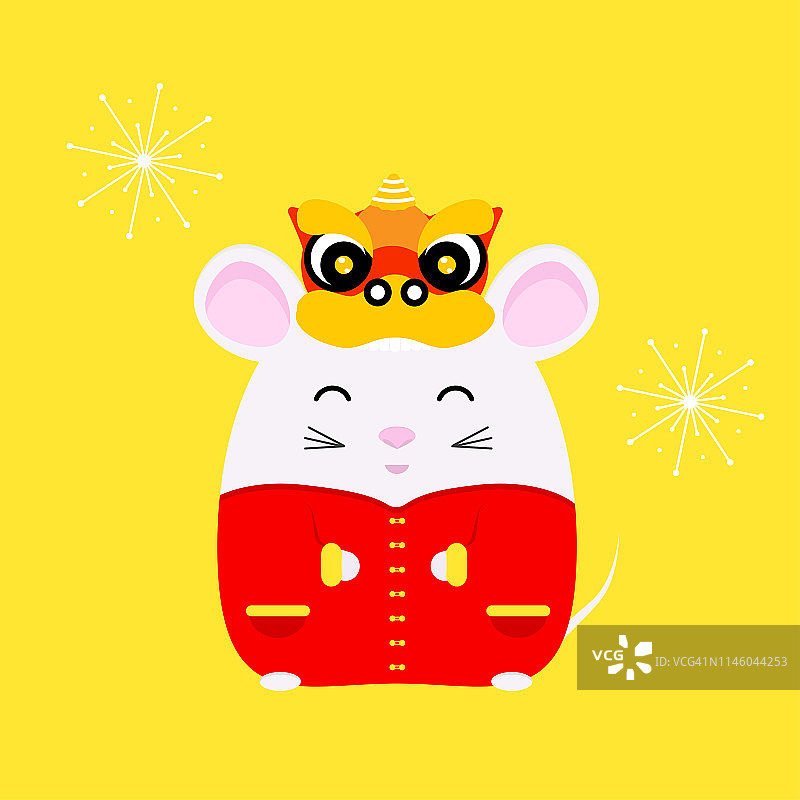 2020年春节。鼠年。穿着中国传统服饰的可爱小白鼠。矢量插图的横幅，海报，贺卡。图片素材