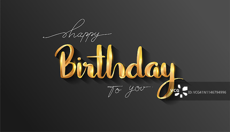 生日快乐字体设计贺卡和邀请，气球，纸屑和礼盒，优雅的设计与金色和黑色的颜色，生日庆祝设计模板。图片素材