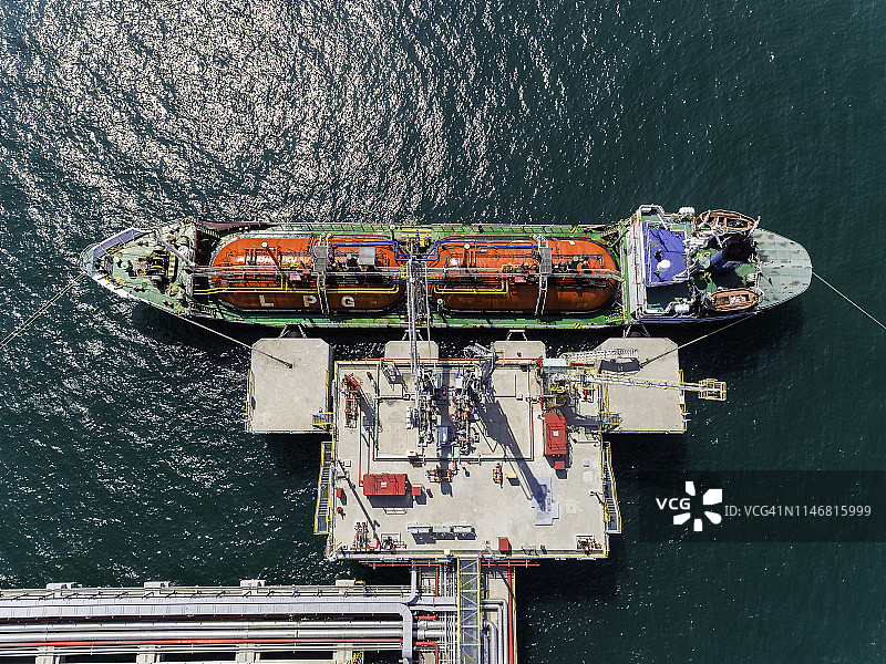 鸟瞰图油轮液化石油气(LPG)装载/卸载天然气从炼油厂桥在海上运输。图片素材