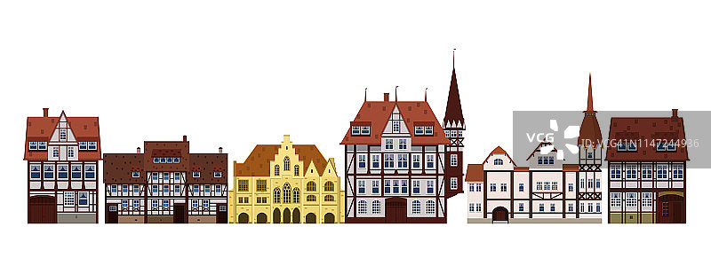 古老的房屋，立面，欧洲，中世纪的传统。不同的建筑风格。模板,禁令。矢量插图孤立在白色背景图片素材