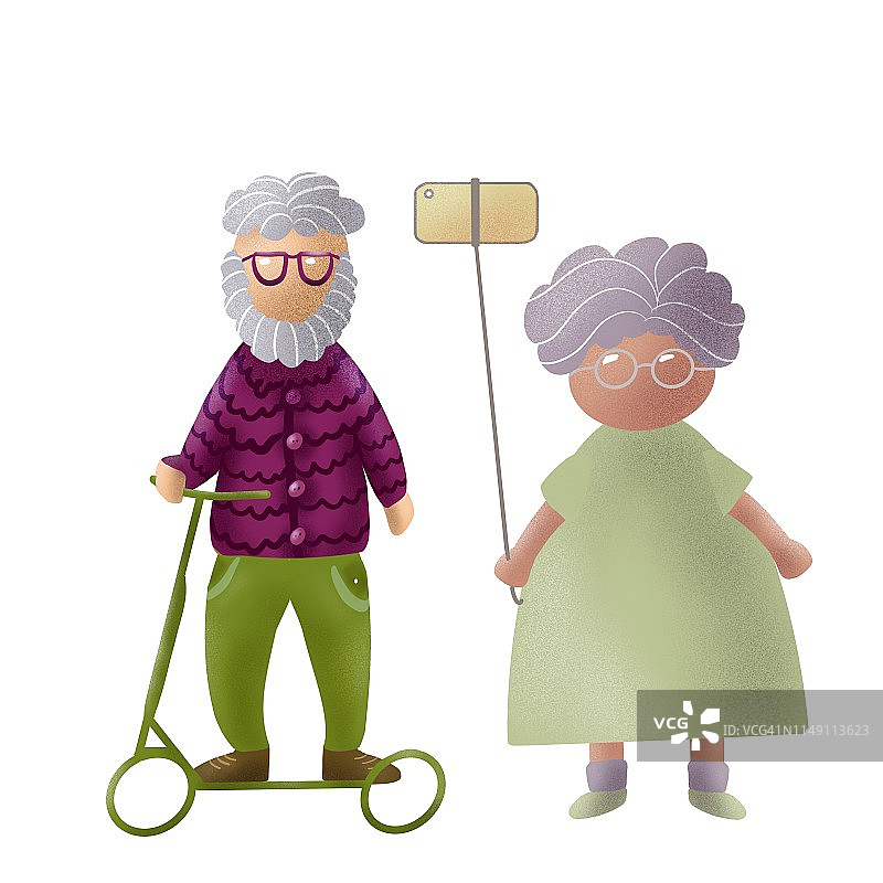 老年人用自拍杆活动。新老。祖父,祖母。平面图标数字插图。可爱时尚的灰白头发的老男人和女人骑着滑板车，智能手机，绿色的，戴着眼镜图片素材