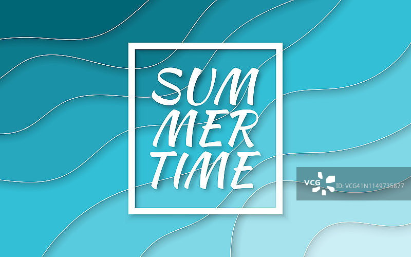 夏天的时间。剪纸风格蓝色海夏季背景与框架。矢量图图片素材