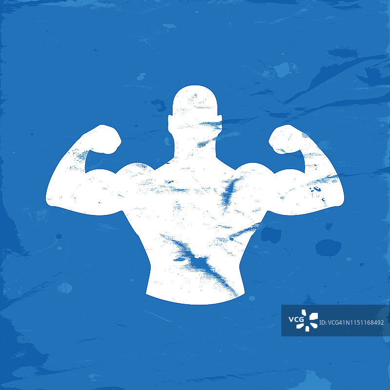 坚强的男人与手臂在蓝色Grunge背景的图标图片素材