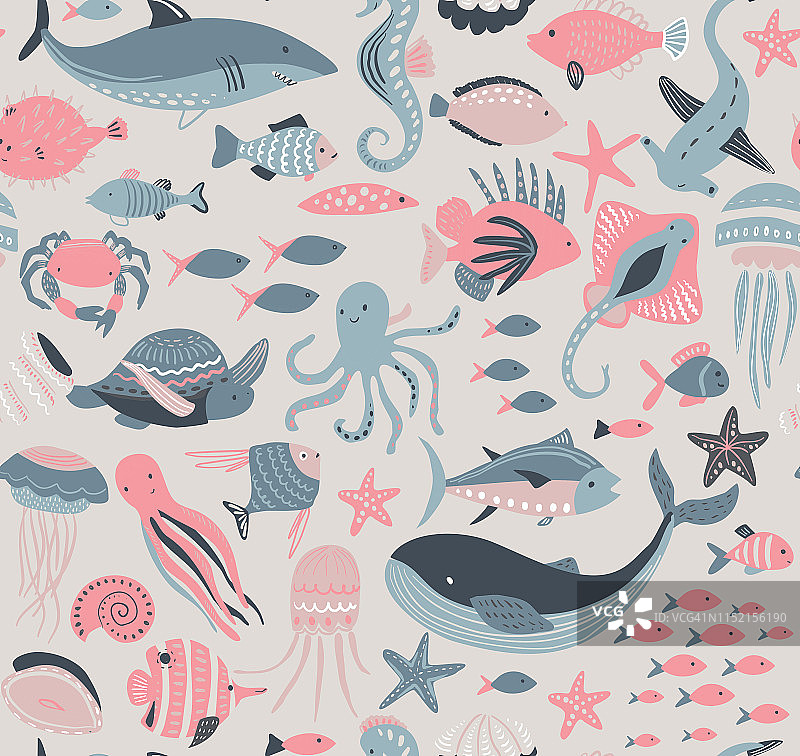 矢量无缝模式与鱼和海洋动物图片素材