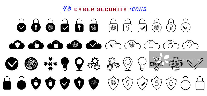 网络安全技术图标集。云数据或计算机网络保护的概念。包含诸如盾牌、锁、挂锁、灯泡、检查标记、齿轮设置、指纹扫描等图标。图片素材