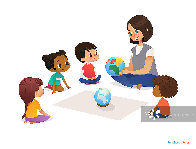 友善的老师向孩子们展示地球仪，并告诉他们关于大陆的知识。在幼儿园课堂上，她用教材教孩子们。矢量插图的旗帜，网站。图片素材