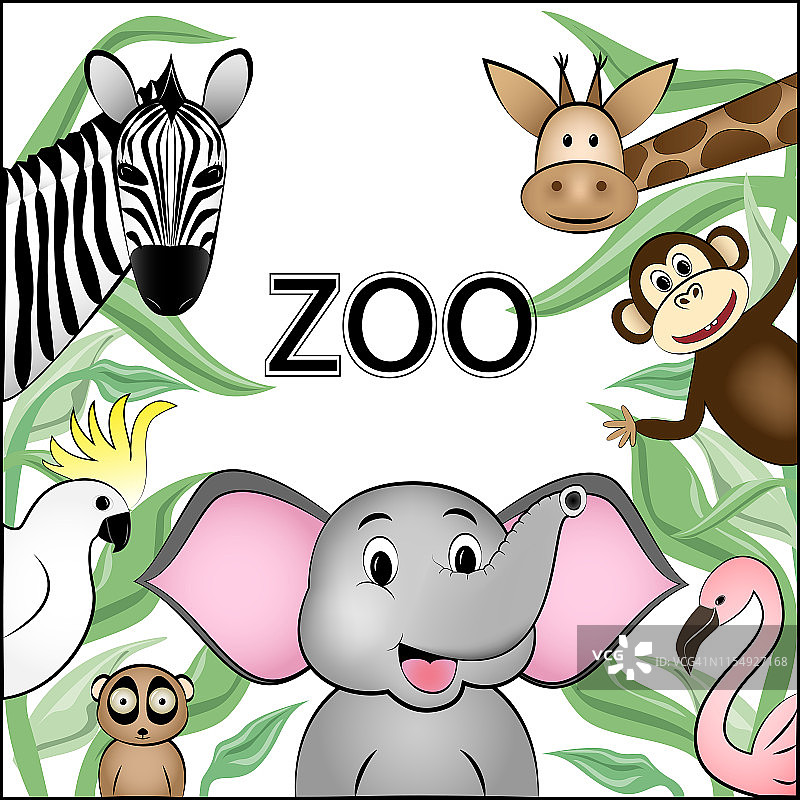 海报为动物园，不同的卡通野生快乐的动物位于四周的文字空间，孤立在白色背景方形矢量插图图片素材