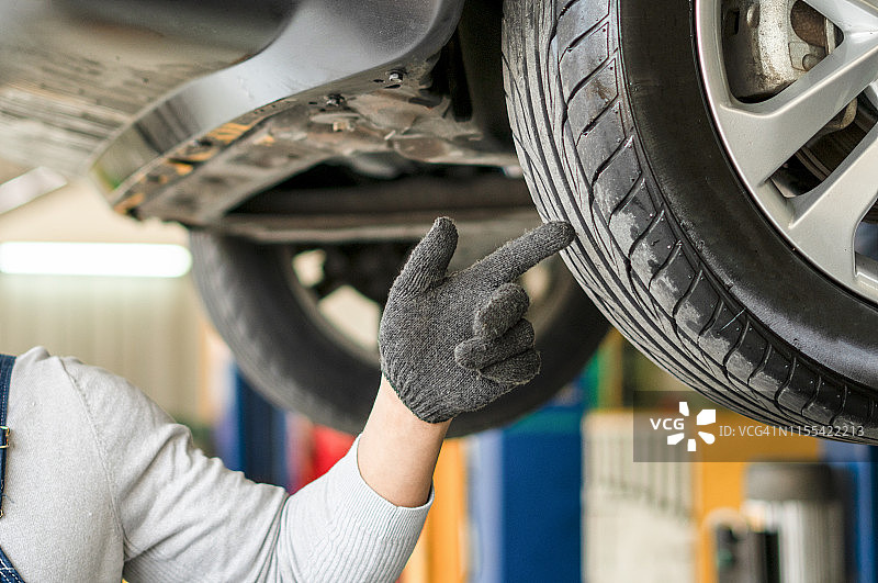 手指指向轮胎磨损指示器/轮胎检查和更换的安全概念图片素材