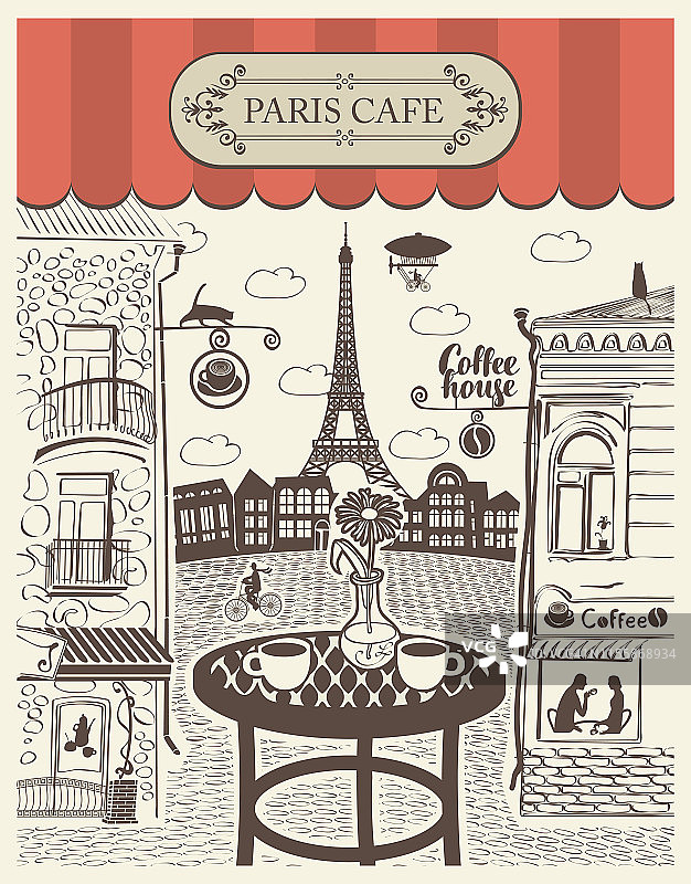 可以看到埃菲尔铁塔的巴黎街头咖啡馆图片素材