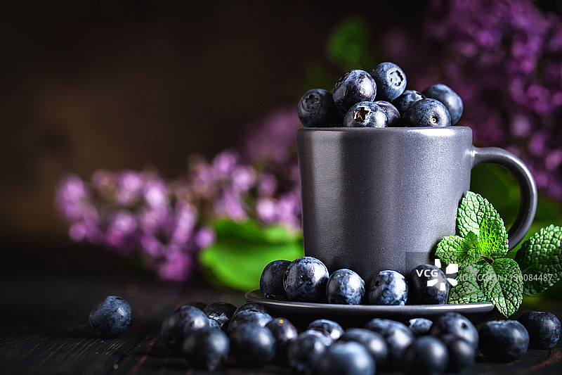 深色背景上的杯子里的蓝莓。夏日与健康的饮食理念。背景与复制空间。有选择性的重点。水平的。图片素材