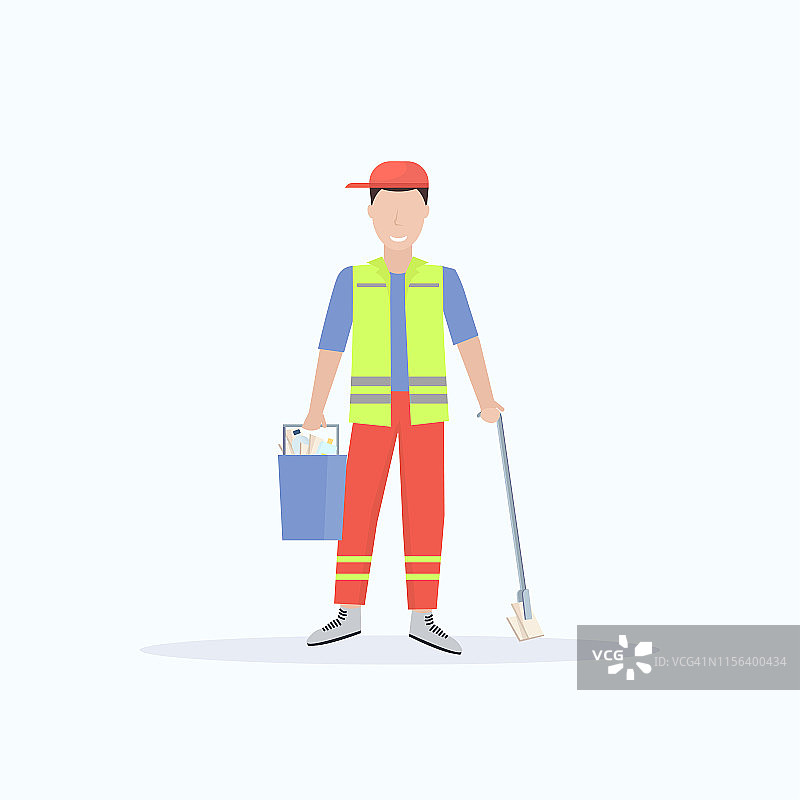 男子清洁工在统一的持桶用品和拖把男性清洁工清洁服务概念，平全长白色背景图片素材