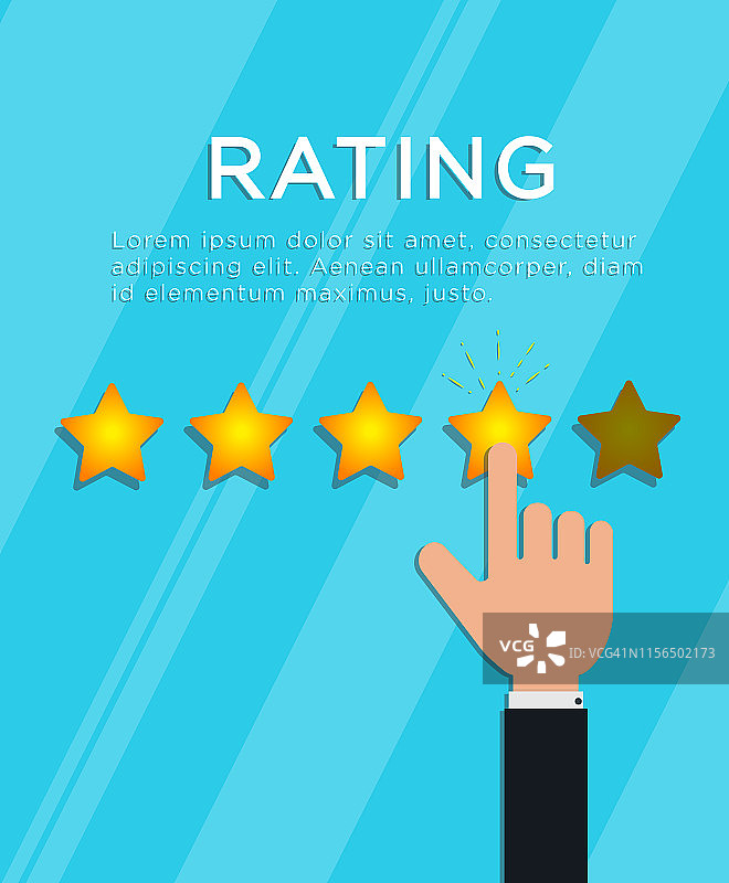 客户评审概念。手指的评分是4星(满分5星)。在线反馈，支持服务质量，调查或证明。平面风格矢量插图图片素材