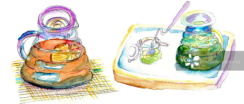 茶壶橙茶壶在咖啡店。水彩速写插图。图片素材