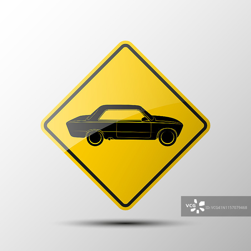 运动汽车。黄色钻石道路标志与黑色边界和形象的汽车在白色的背景。插图。轿跑车图标。双门汽车。赛车，动力强劲图片素材