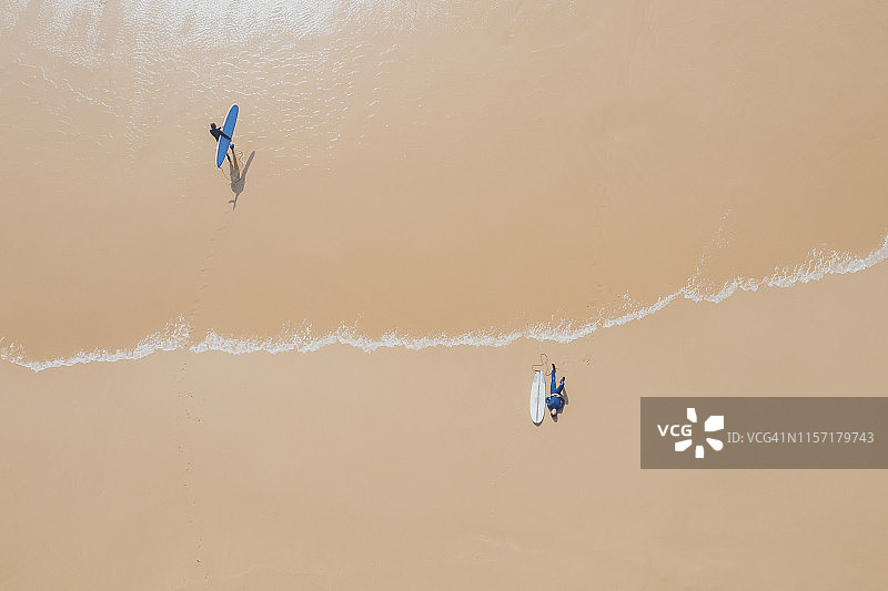 葡萄牙，阿尔加维，萨格雷斯，普拉亚达马雷塔，两名男子在海上冲浪的鸟瞰图图片素材