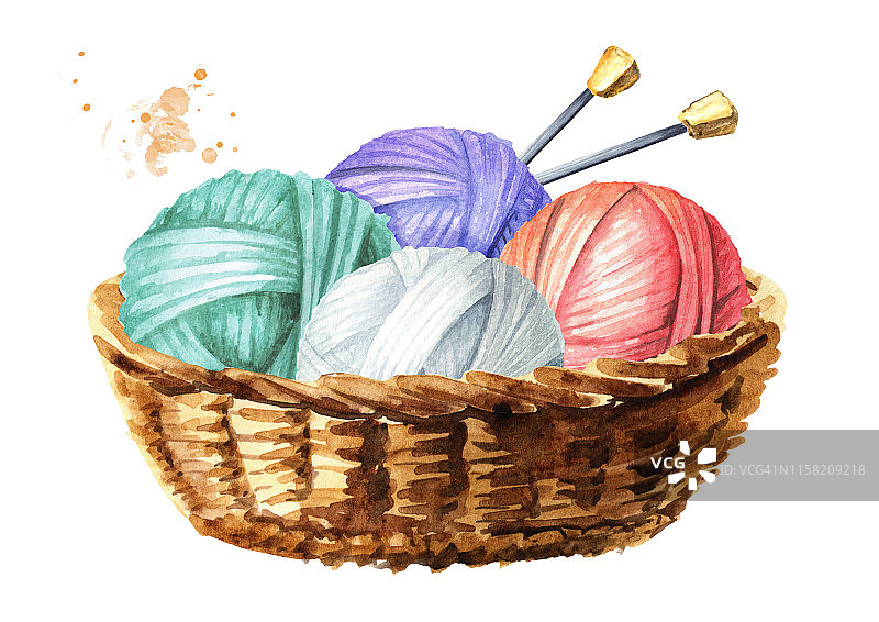 篮子与毛线球与针织针，水彩手绘插图，孤立在白色背景图片素材