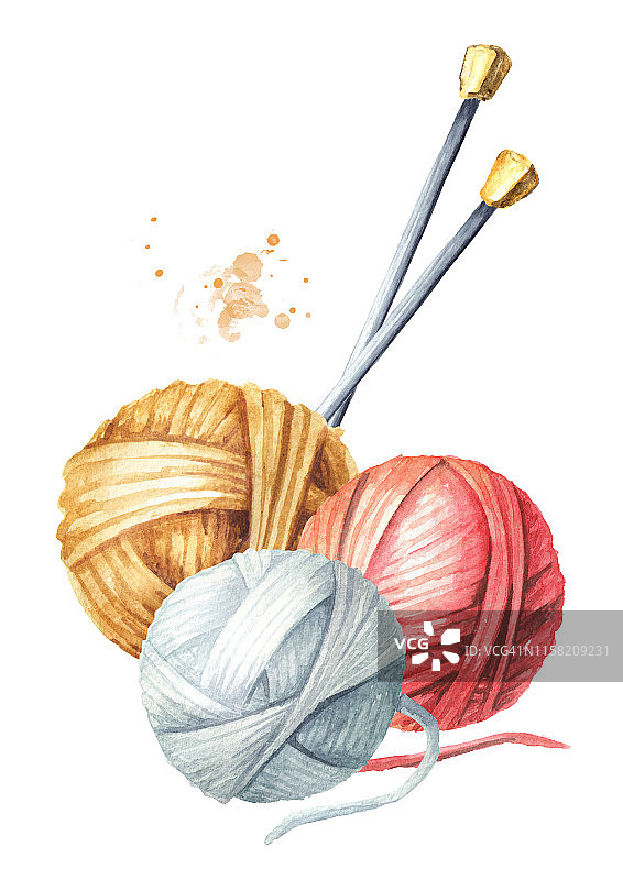 纱线球和针织针。手工编织的概念。水彩手绘插图，孤立的白色背景图片素材