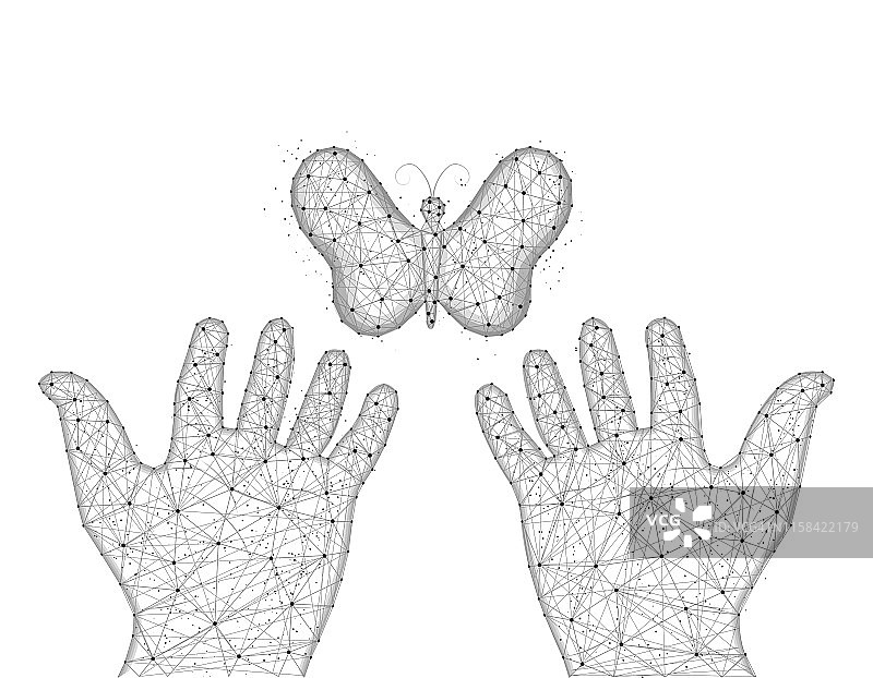 蝴蝶和人手低多边形设计，飞蛾多边形风格，昆虫线框矢量插图在白色背景图片素材