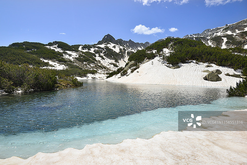 在阳光明媚的日子，山湖被雪包围图片素材