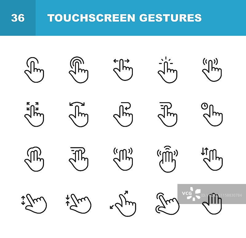 触摸屏手势线条图标。可编辑的中风。像素完美。移动和网络。包含触摸屏，手势，手，捏，缩放，滑动，点击等图标。图片素材