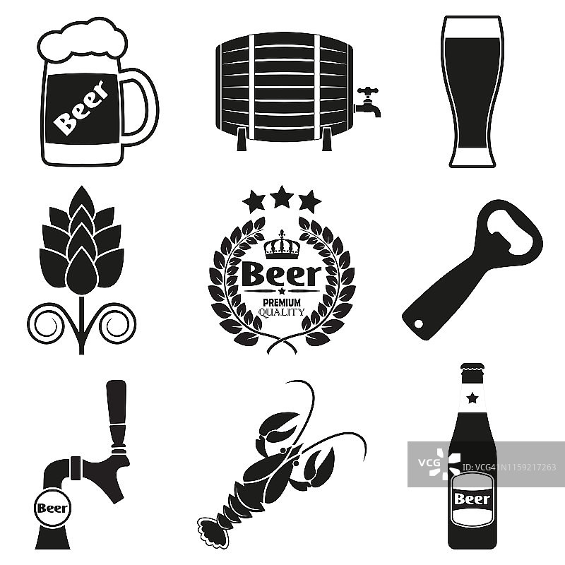 啤酒图标设置啤酒瓶，水龙头，开瓶器，马克杯。矢量插图。图片素材
