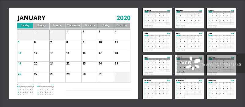2020年日历计划模板公司设计周从周日开始。图片素材