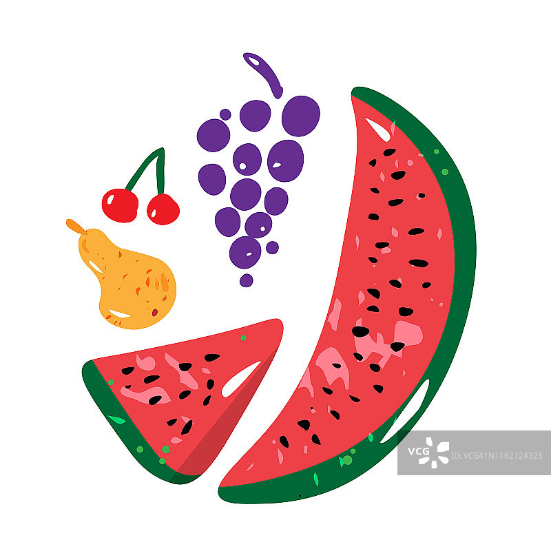 水果概念有西瓜，梨，葡萄和樱桃。向量。图片素材