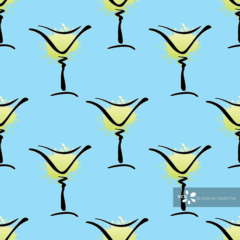 矢量无缝模式与手绘玻璃的玛格丽塔鸡尾酒在蓝色的背景。可爱的背景与夏季鸡尾酒玛格丽塔或干马提尼打印，纺织，酒吧，设计。图片素材