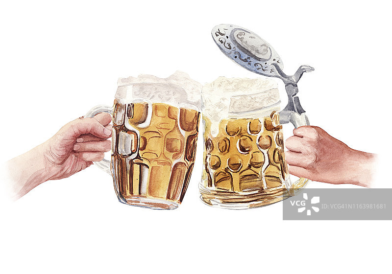 手绘水彩插图碰杯啤酒与手图片素材