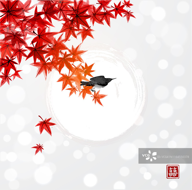 红色的日本枫叶和闪耀的太阳在天空。传统的日本水墨画。象形文字-双倍的运气。图片素材