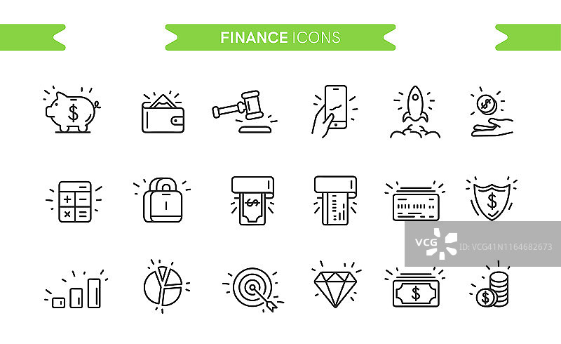 金融、商业图标是孤立的。线的艺术。可编辑的。标志和符号。现代简单的风格。手机，储蓄罐，钱，启动，硬币，图形，猪，钻石。平面风格矢量插图。图片素材