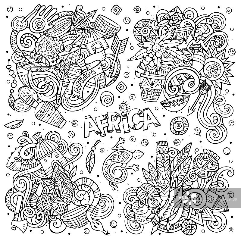 矢量手绘涂鸦卡通非洲组合的对象图片素材