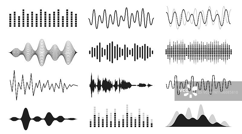 一组声波。模拟和数字线波形。音乐声波，均衡器和录音概念。电子声音信号，语音录音图片素材