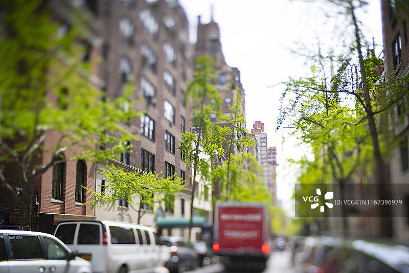 2019年4月29日，在美国纽约，新鲜的绿树生长在住宅区的街道上。图片素材