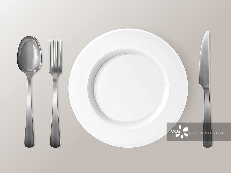 勺子，叉子或刀和盘子餐具三维矢量插图图片素材