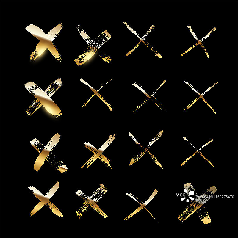 金色的十字架由笔触在黑色的背景上隔离。向量设计元素集。图片素材