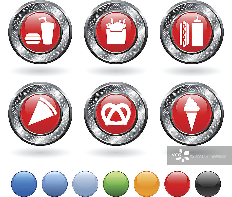 快餐版税免费矢量图标设置在金属按钮图片素材