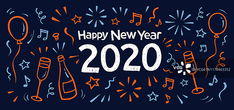 2020年新年快乐涂鸦贺卡。图片素材