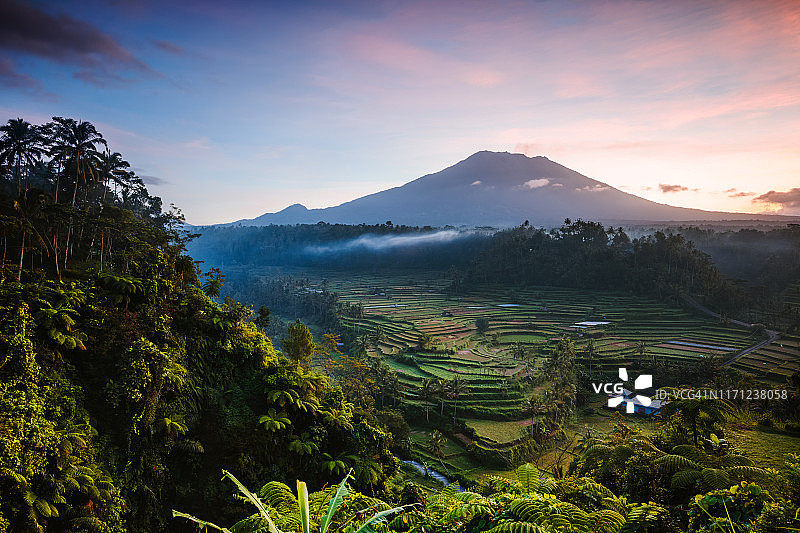 巴厘岛阿贡火山和梯田的黎明图片素材