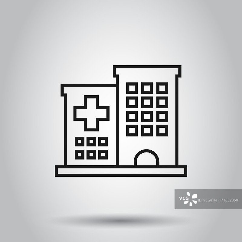 医院建筑图标在平面风格。医院矢量插图上孤立的背景。医疗救护的经营理念。图片素材